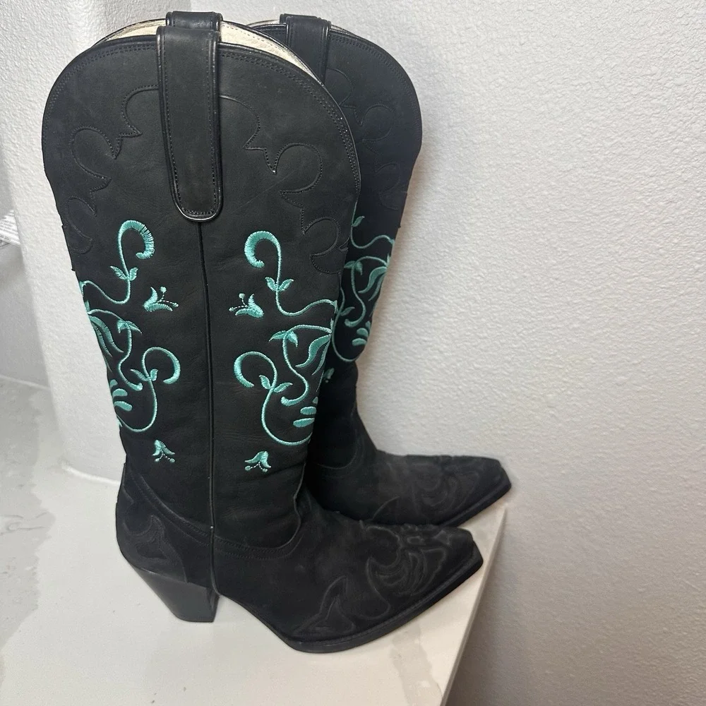 Lane Cowgirl Boots Black Suede Turquoise Embroidered Obsidian Strut 8.5 Festival